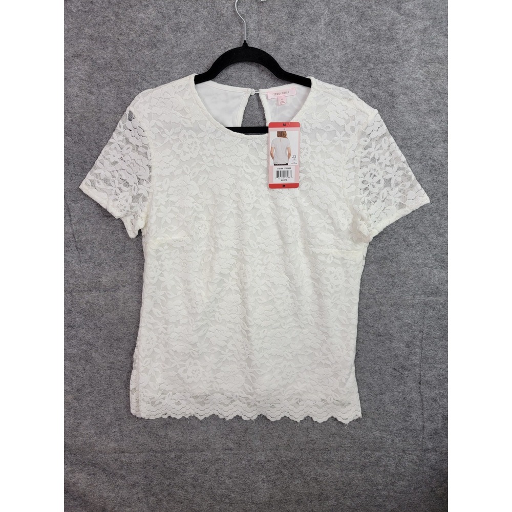 Teddi Rose Womens Top Lace Floral Stretch Short Sleeves WHITE M